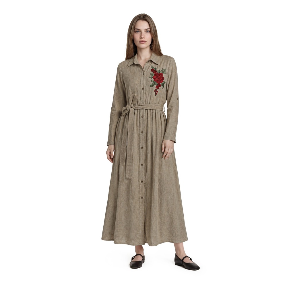 Vintage Derhy Burlap Dress Women's Size Small Beige Floral Embroidered Maxi